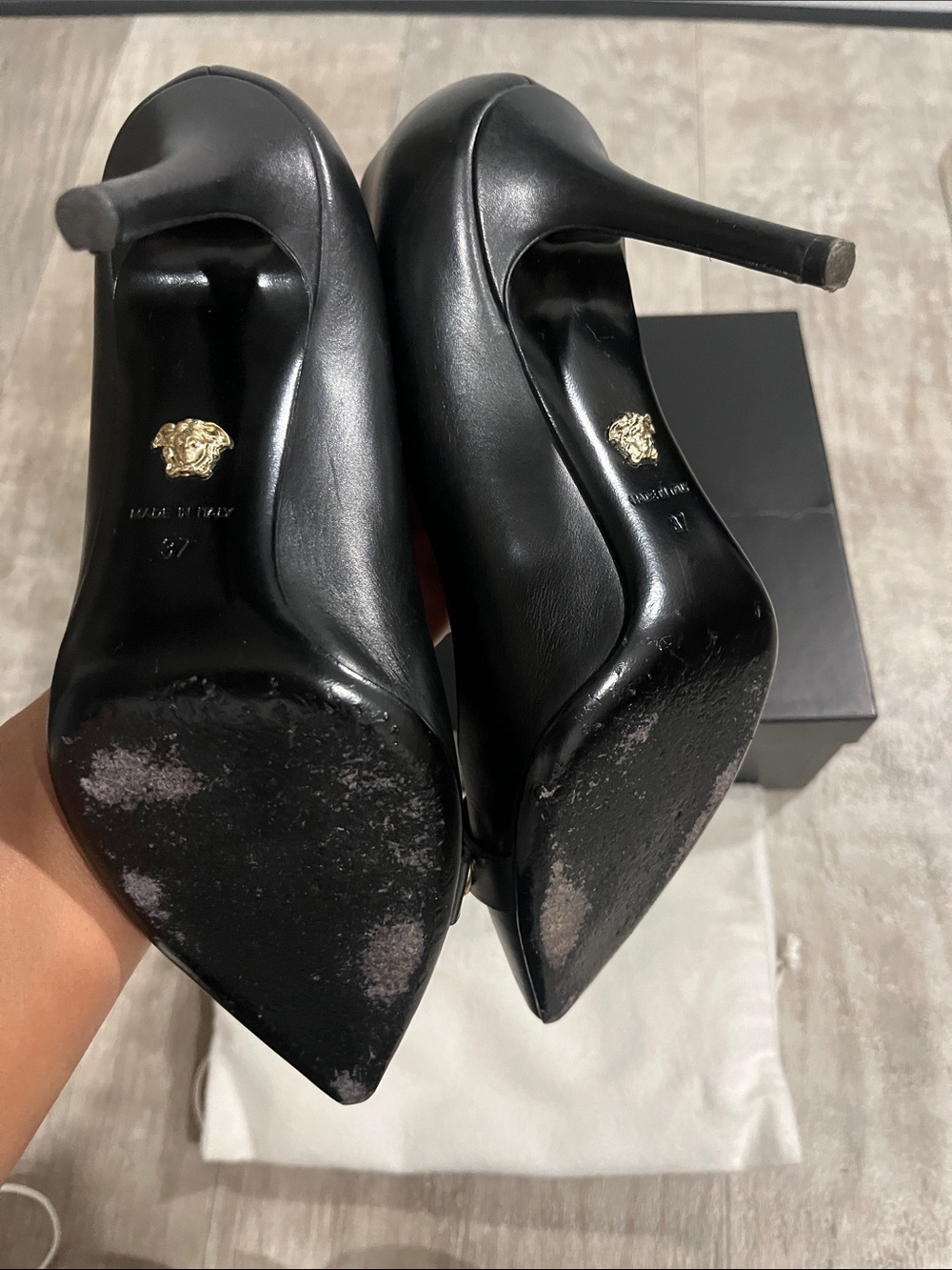 Versace Black Leather Pointed-Toe Stiletto Heels with Gold Medusa Hardware - Picture 5 of 7